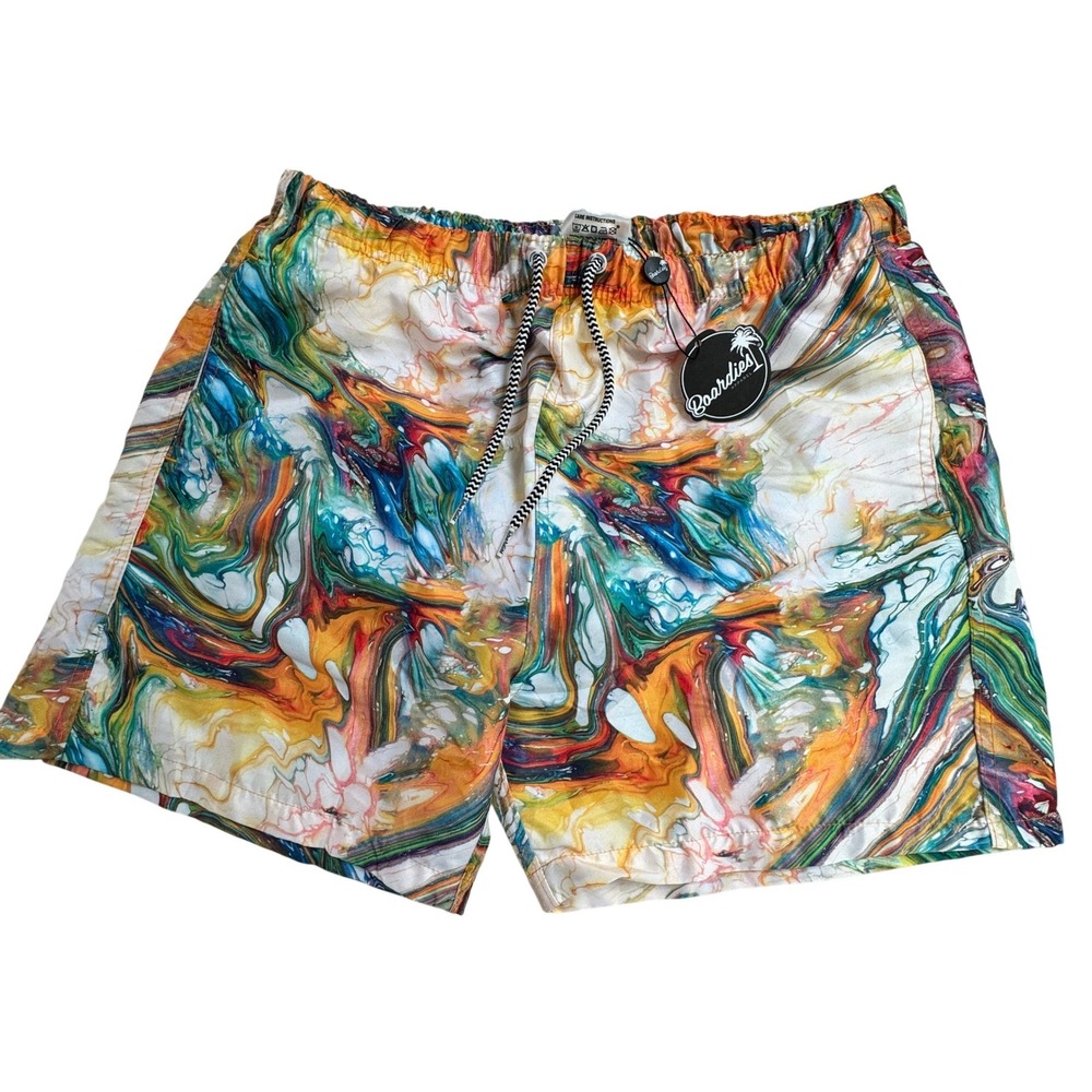Boardies Swim Trunks Mens XL Multicolor Marble Swirl Abstract Board Shorts NWT